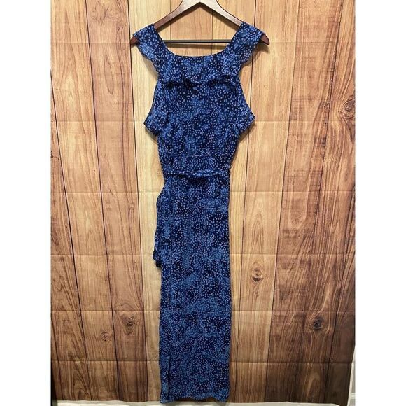 HALSTON XL Cobalt Blue Ruffled Cold-Shoulder Maxi Dress Flowy Carmen sleeves - Picture 1 of 9